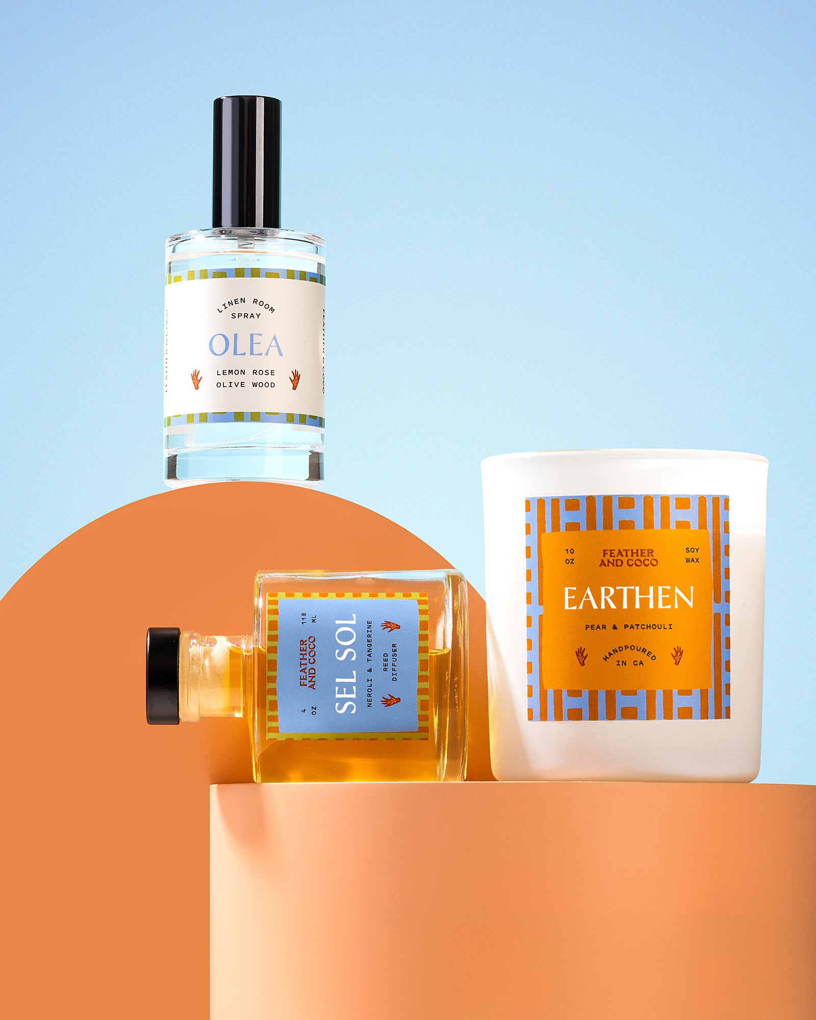 Three products on an orange and blue background